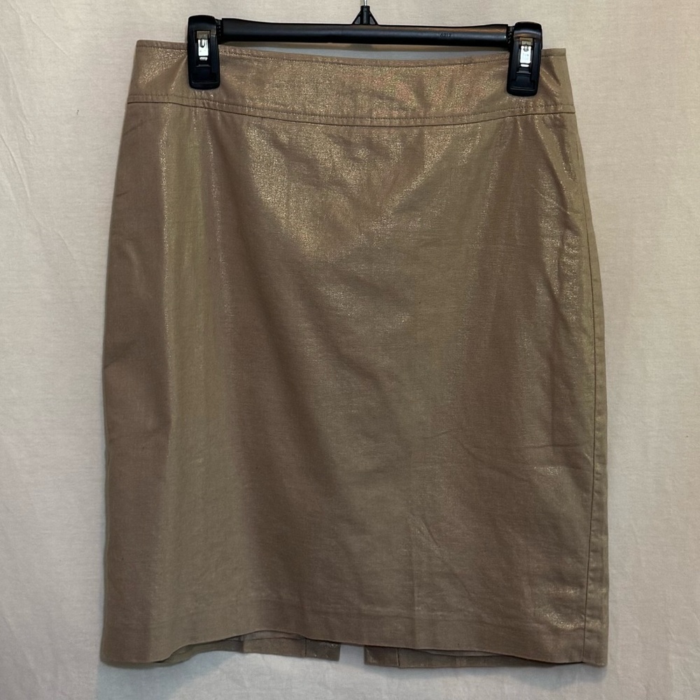 A-156 Josephine Chaus Cream & Metallic Gold Linen Blend MIDI Skirt Size 8